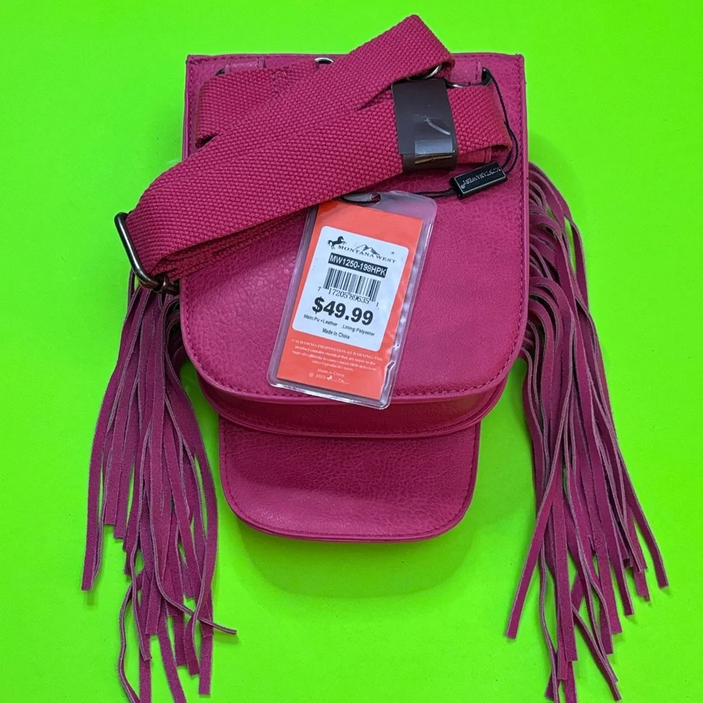 Montana West Fuchsia Fringe Crossbody with Stud Accents - Picture 2 of 3